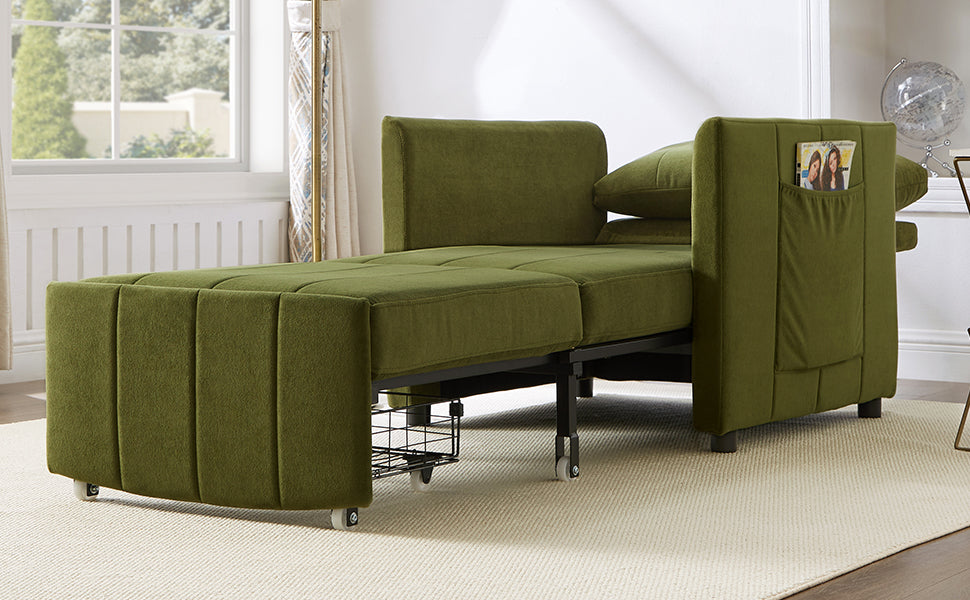 Upholstered Convertible Sleeper Sofa, 31.5" Pull Out Sofa Bed with 5-Position Adjustable Backrest, Side Pockets and a Storage Basket, Fold Out Chair Bed, Lounger For Living Room, Apartment, Green