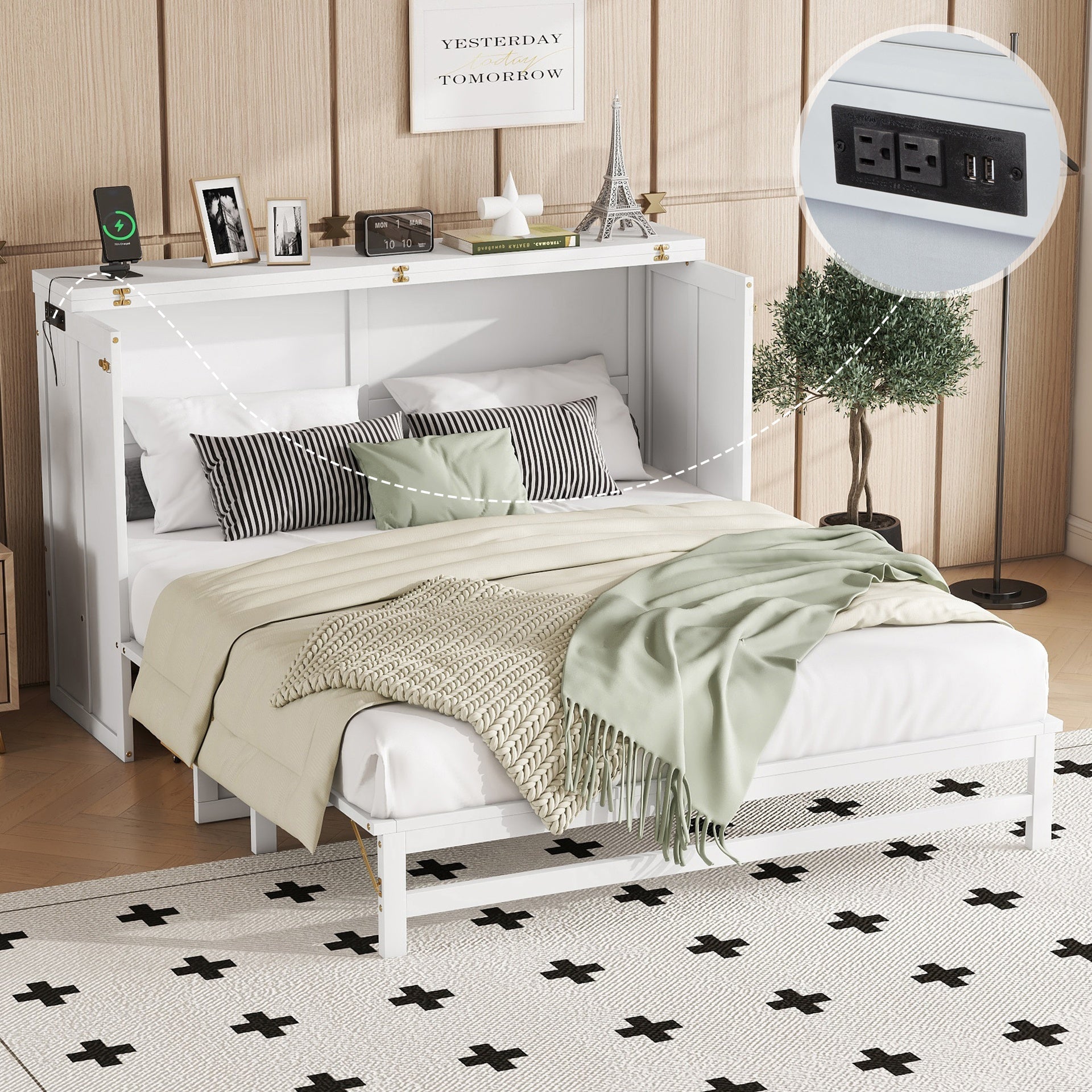 Murphy Bed Cabinet Queen with Storage Drawer and Charging Station, USB Port, Solid Pine Murphy Bedframe for Home Office, Studio or Guest Room,White