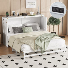 Murphy Bed Cabinet Queen with Storage Drawer and Charging Station, USB Port, Solid Pine Murphy Bedframe for Home Office, Studio or Guest Room,White