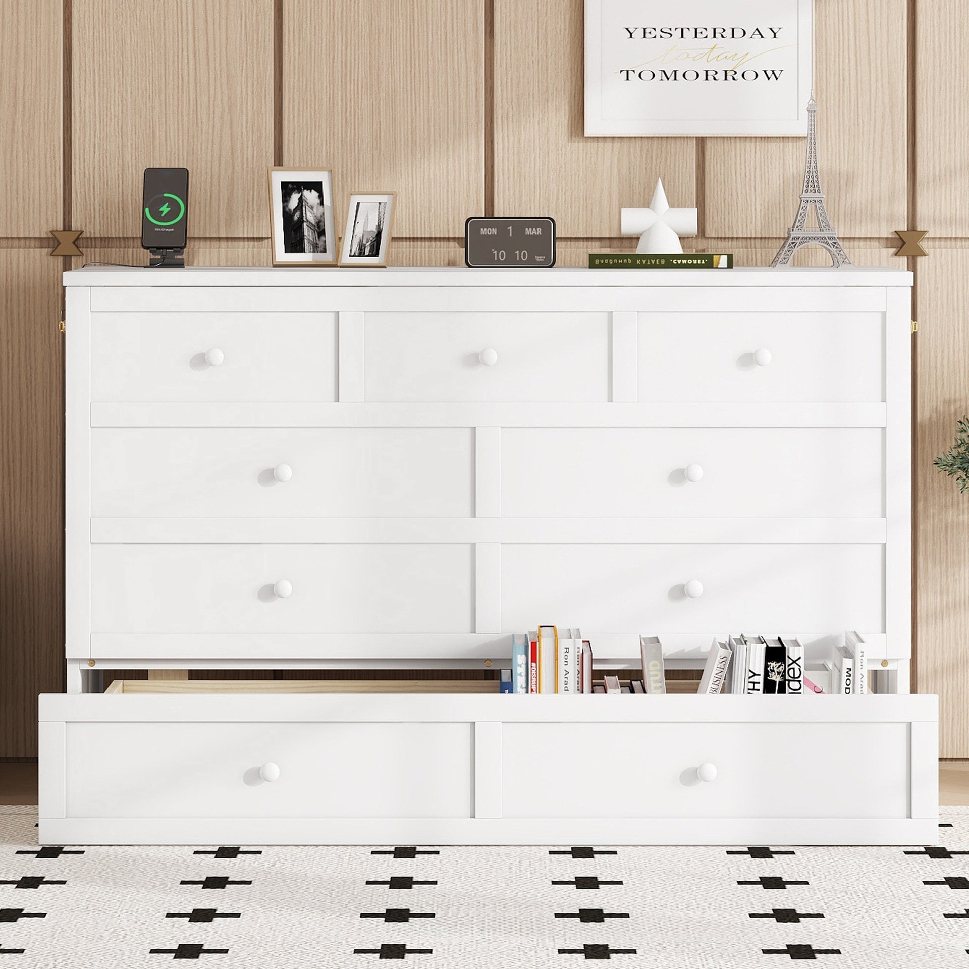 Murphy Bed Cabinet Queen with Storage Drawer and Charging Station, USB Port, Solid Pine Murphy Bedframe for Home Office, Studio or Guest Room,White