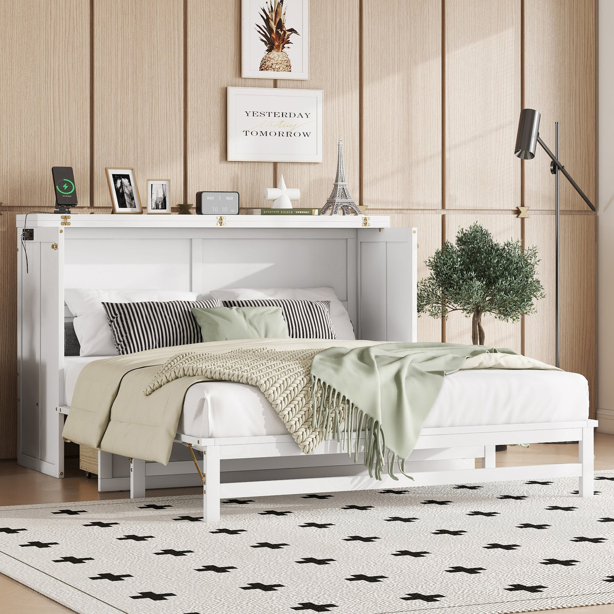 Murphy Bed Cabinet Queen with Storage Drawer and Charging Station, USB Port, Solid Pine Murphy Bedframe for Home Office, Studio or Guest Room,White