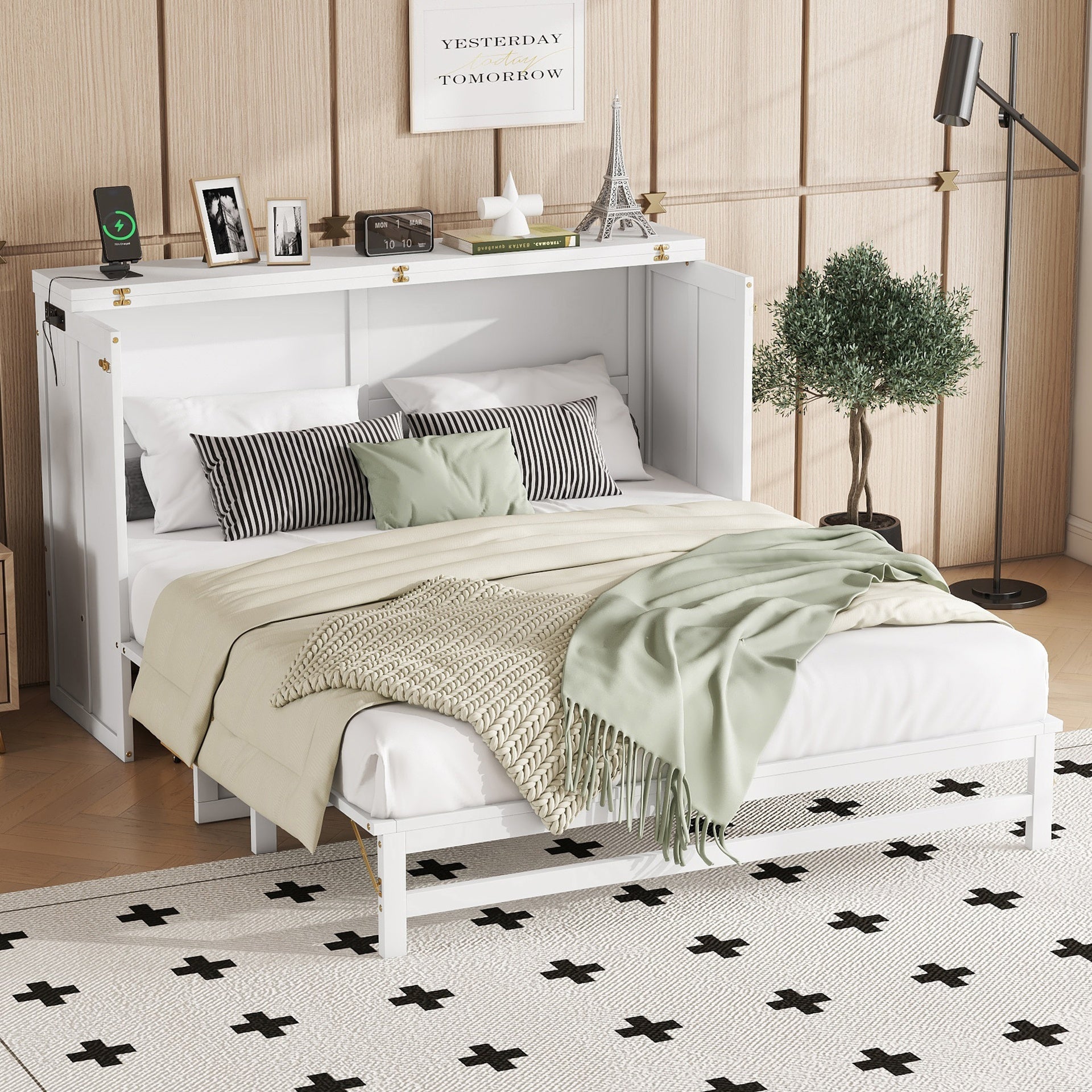 Murphy Bed Cabinet Queen with Storage Drawer and Charging Station, USB Port, Solid Pine Murphy Bedframe for Home Office, Studio or Guest Room,White