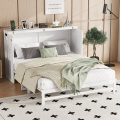 Murphy Bed Cabinet Queen with Storage Drawer and Charging Station, USB Port, Solid Pine Murphy Bedframe for Home Office, Studio or Guest Room,White