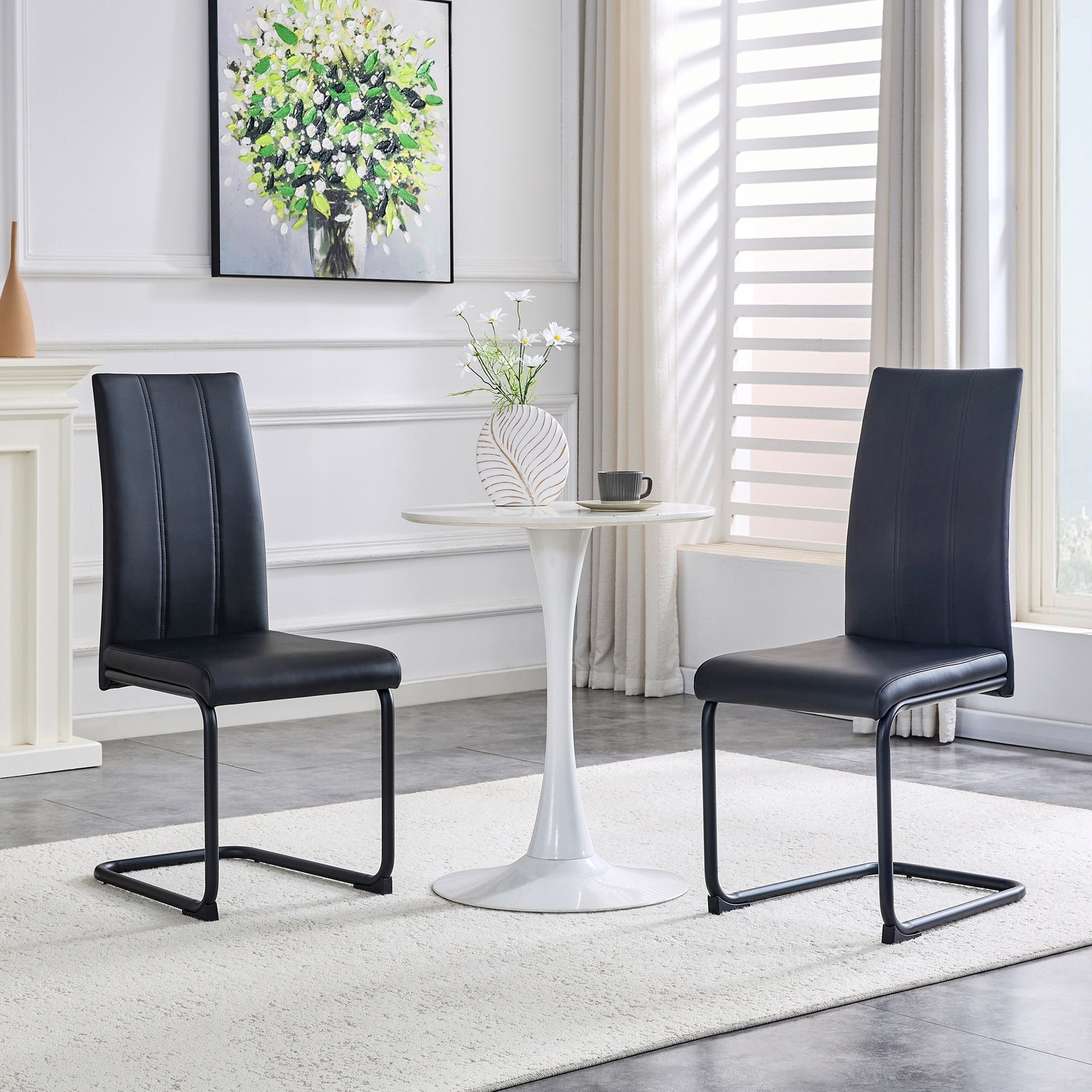 2-Pack PU Upholstered Dining Chairs - Black Modern Kitchen Side Chairs with Sturdy Black Powder-Coated Metal Tube Legs, Comfortable High-Back Seating for Dining Room, Kitchen & Living Room