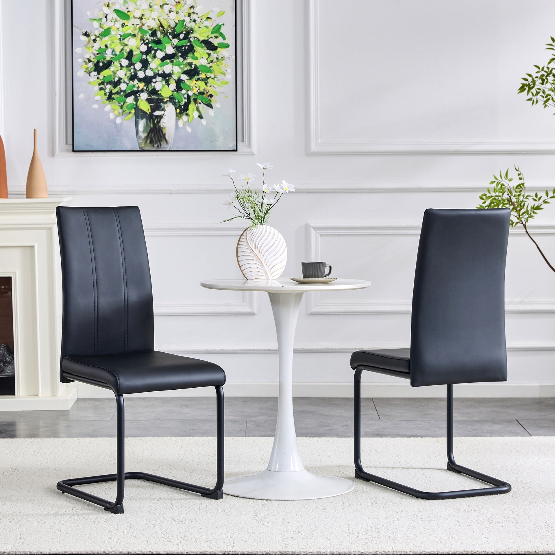 2-Pack PU Upholstered Dining Chairs - Black Modern Kitchen Side Chairs with Sturdy Black Powder-Coated Metal Tube Legs, Comfortable High-Back Seating for Dining Room, Kitchen & Living Room