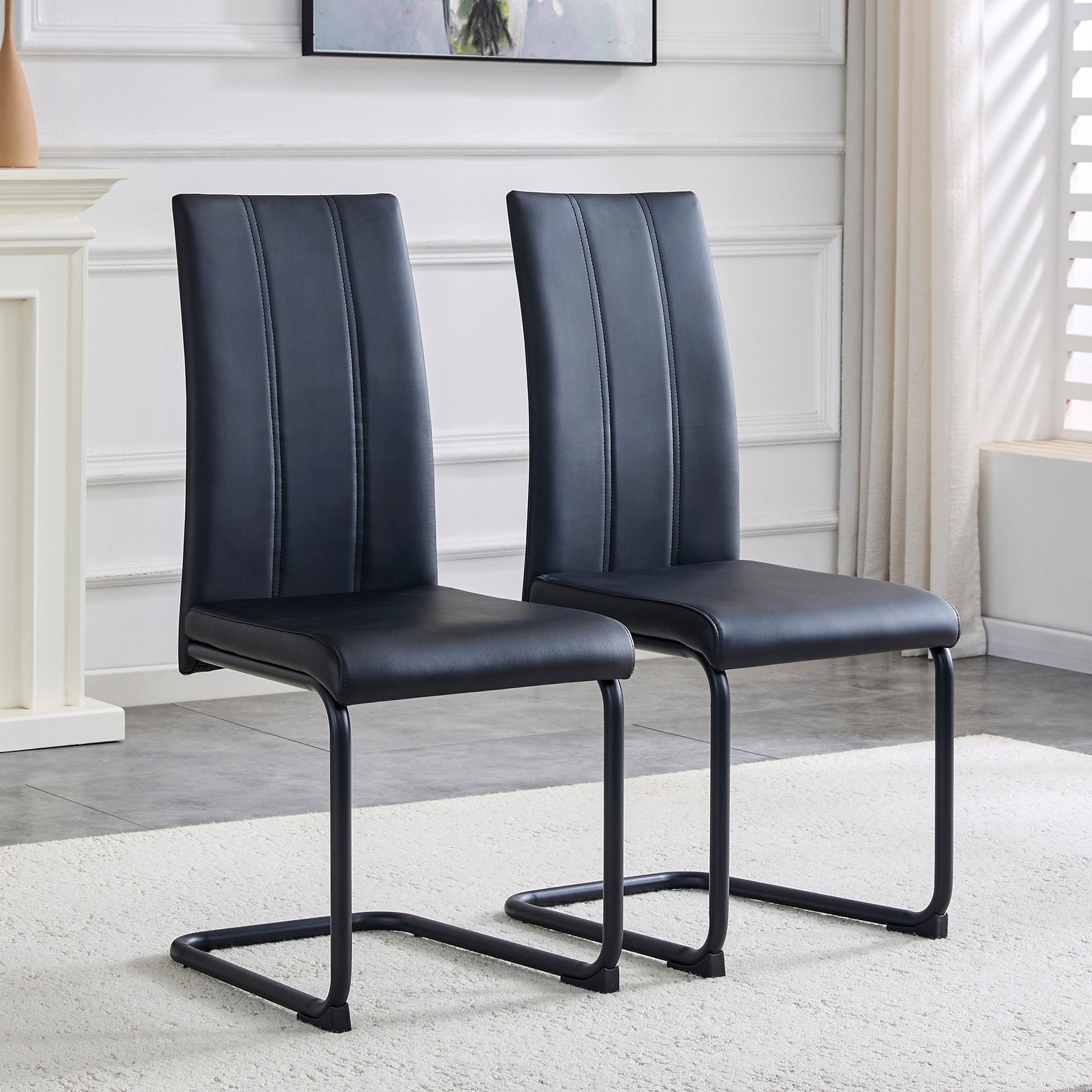 2-Pack PU Upholstered Dining Chairs - Black Modern Kitchen Side Chairs with Sturdy Black Powder-Coated Metal Tube Legs, Comfortable High-Back Seating for Dining Room, Kitchen & Living Room