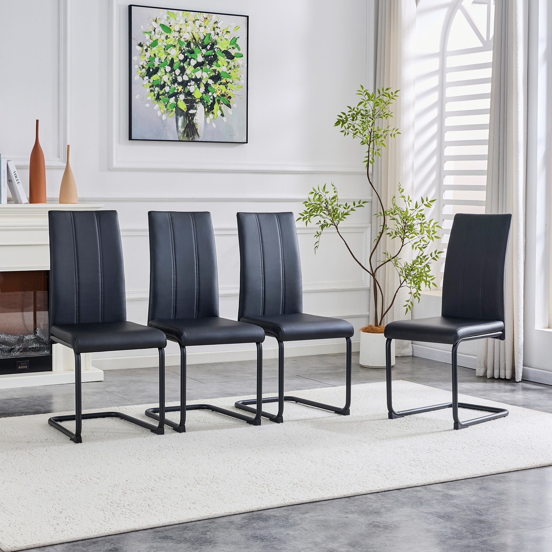 2-Pack PU Upholstered Dining Chairs - Black Modern Kitchen Side Chairs with Sturdy Black Powder-Coated Metal Tube Legs, Comfortable High-Back Seating for Dining Room, Kitchen & Living Room