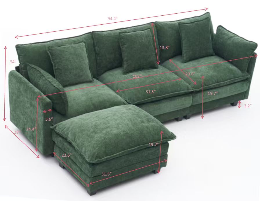 green color  3-seat combo sofa with storage ottoman for living room apartment bedroom and compact room, Upholstered sectional Couch, L Shaped Bench with a footrest