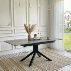 Modern Rectangular Dining Table with Light Gray Painted MDF Top and Sturdy Geometric Metal Legs, Contemporary Kitchen Table for Dining Room, Office or Small Spaces (Light Gray Marble, 1 Table)