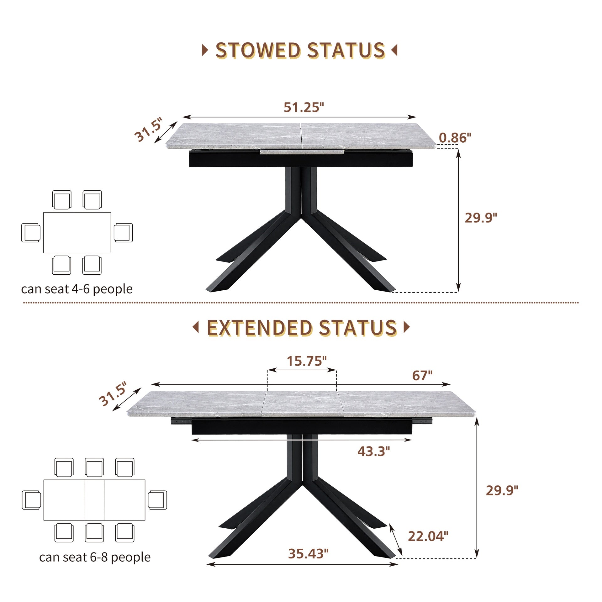 Modern Rectangular Dining Table with Light Gray Painted MDF Top and Sturdy Geometric Metal Legs, Contemporary Kitchen Table for Dining Room, Office or Small Spaces (Light Gray Marble, 1 Table)