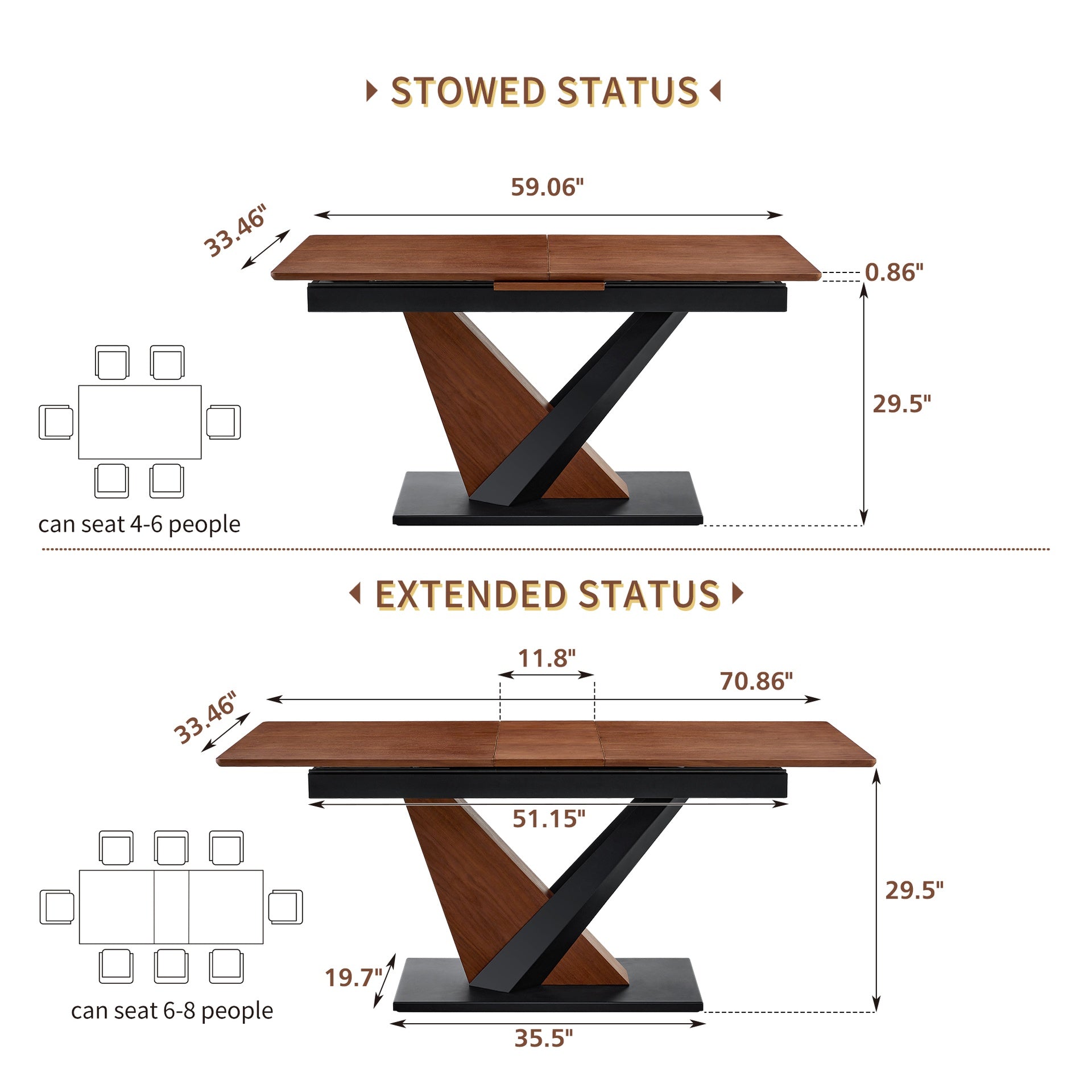 Modern Dining Table with MDF + Solid Wood Veneer Tabletop, Natural Texture, Scratch-Resistant, Cross Geometric Metal Legs for Contemporary Kitchen & Dining Room (Dark Walnut, 1 Table)