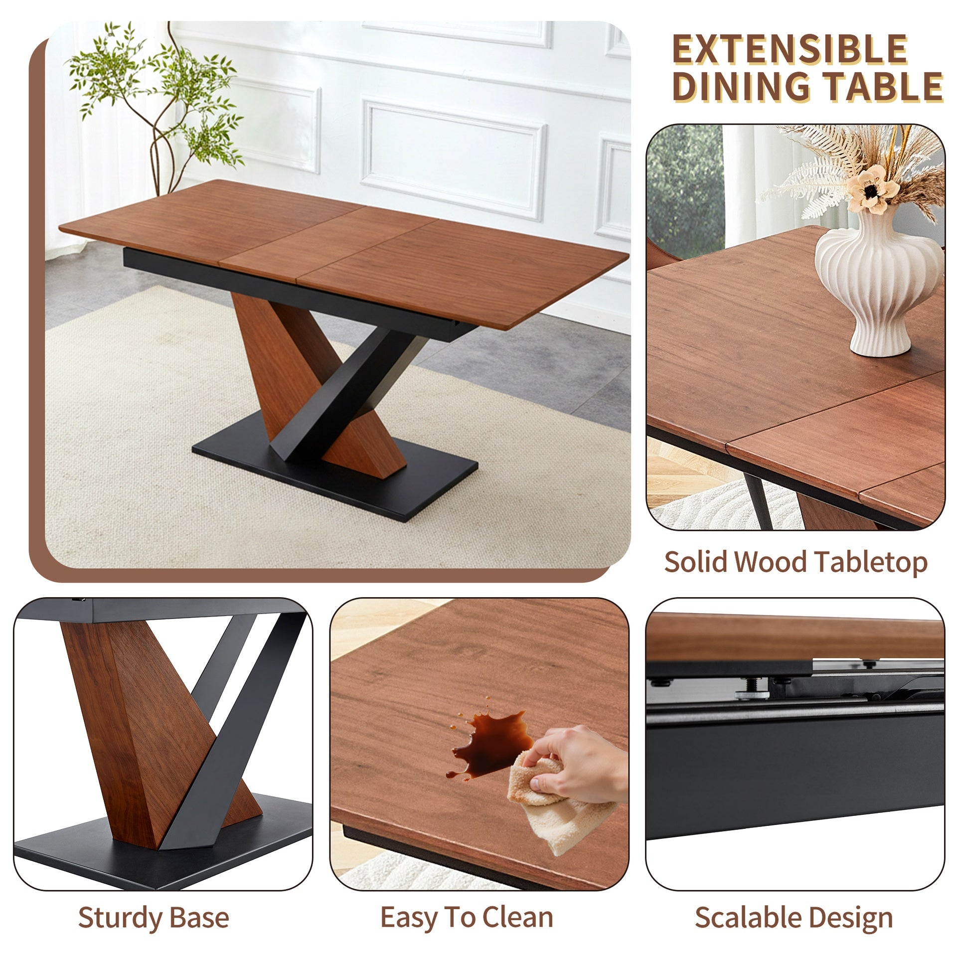 Modern Dining Table with MDF + Solid Wood Veneer Tabletop, Natural Texture, Scratch-Resistant, Cross Geometric Metal Legs for Contemporary Kitchen & Dining Room (Dark Walnut, 1 Table)