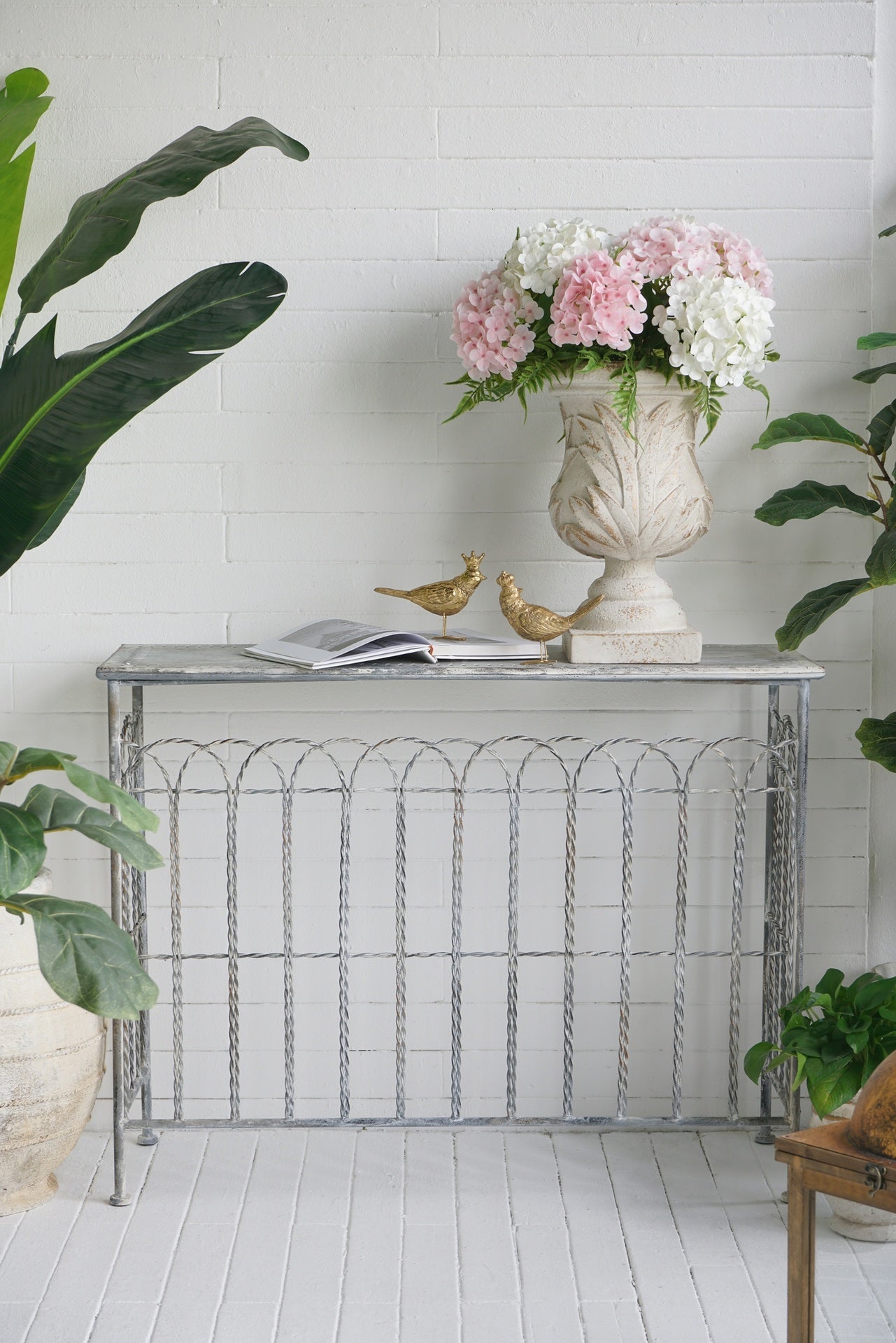 40x14x31" Rustic Iron Arched Fence Console Table, Weathered Silver Finish, Accent Table