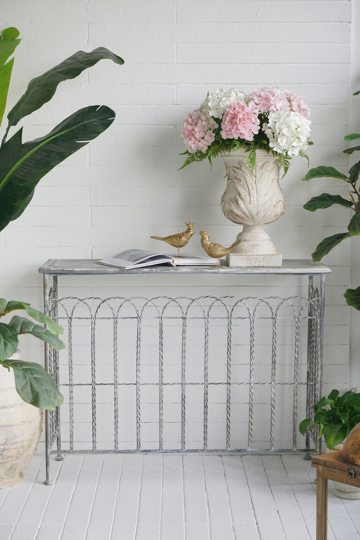 40x14x31" Rustic Iron Arched Fence Console Table, Weathered Silver Finish, Accent Table