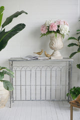 40x14x31" Rustic Iron Arched Fence Console Table, Weathered Silver Finish, Accent Table