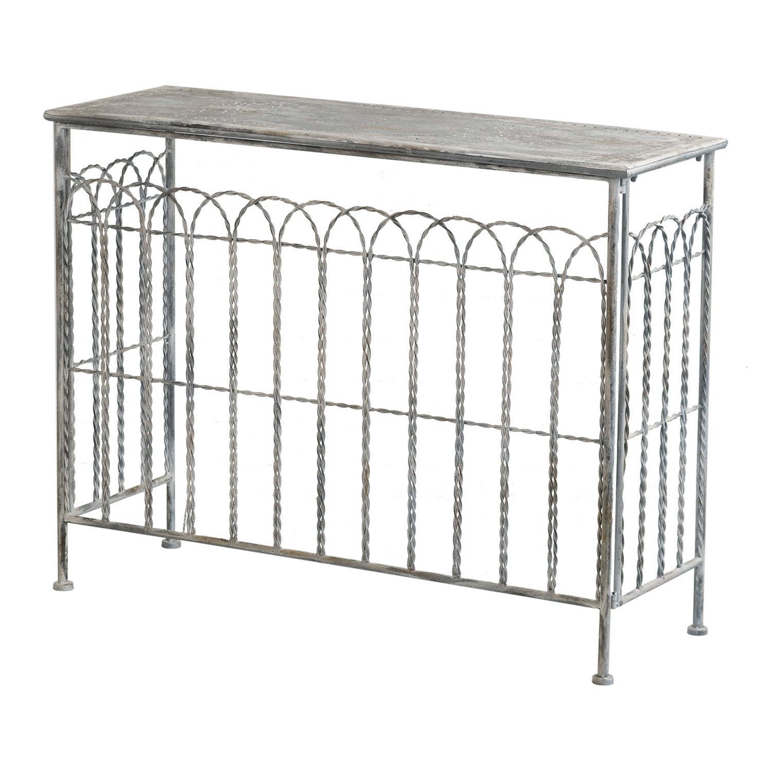 40x14x31" Rustic Iron Arched Fence Console Table, Weathered Silver Finish, Accent Table