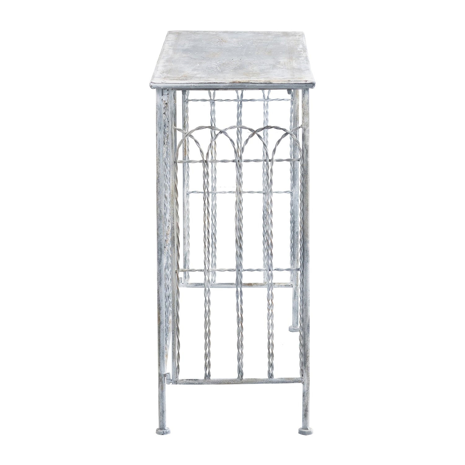 40x14x31" Rustic Iron Arched Fence Console Table, Weathered Silver Finish, Accent Table