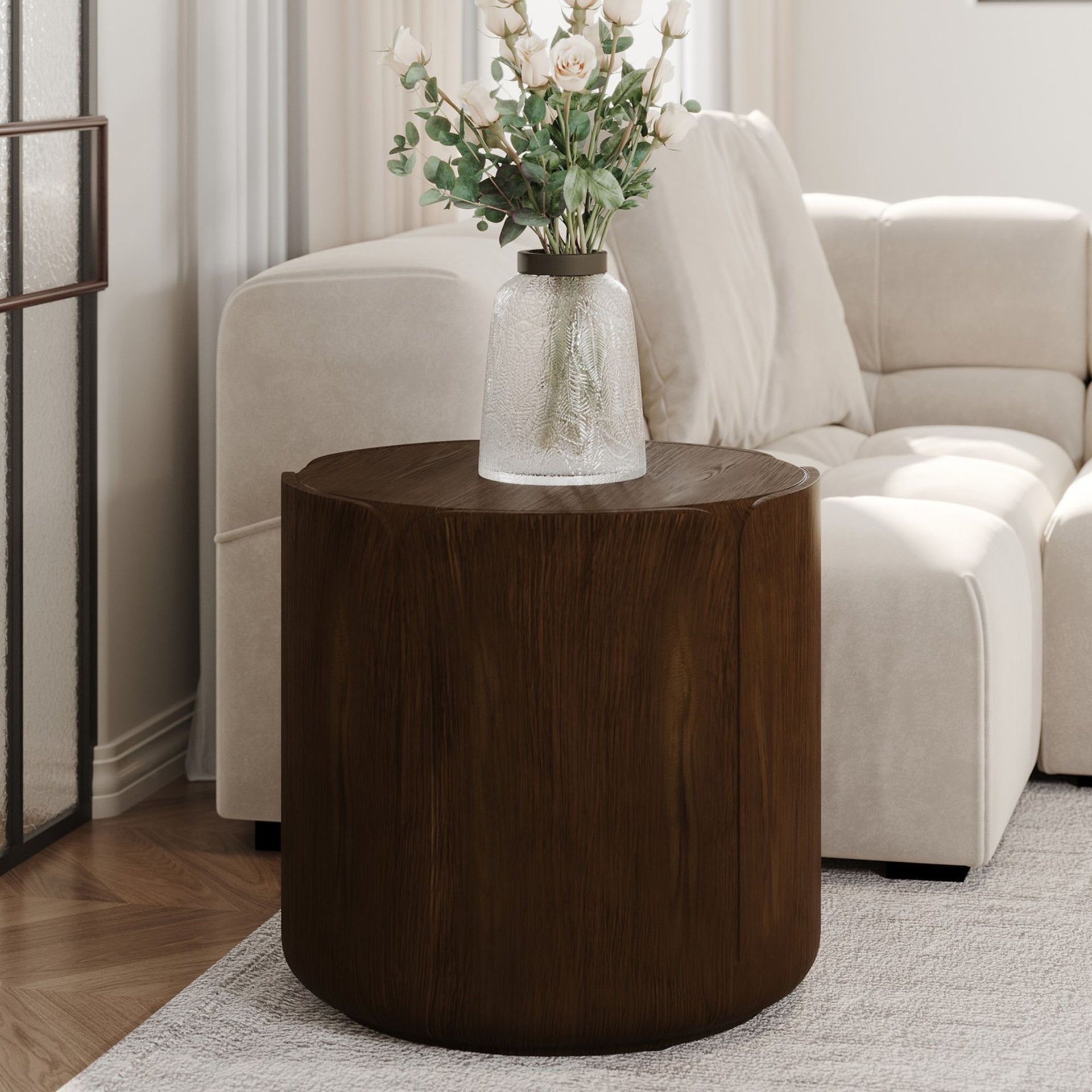 19.29"H Round Outdoor Indoor Side Table, Modern Wood Grain Patio Garden Stool, Sturdy MGO (Magnesium Oxide) Waterproof, No-Assembly Table for Patio, Garden, Backyard, Living Room (Brown)