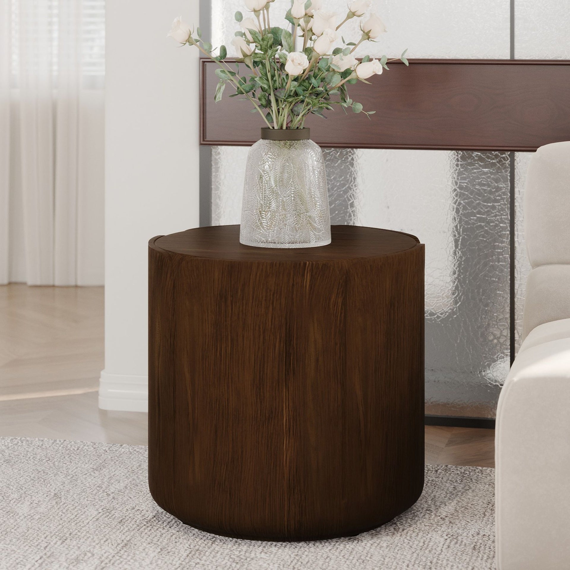 19.29"H Round Outdoor Indoor Side Table, Modern Wood Grain Patio Garden Stool, Sturdy MGO (Magnesium Oxide) Waterproof, No-Assembly Table for Patio, Garden, Backyard, Living Room (Brown)
