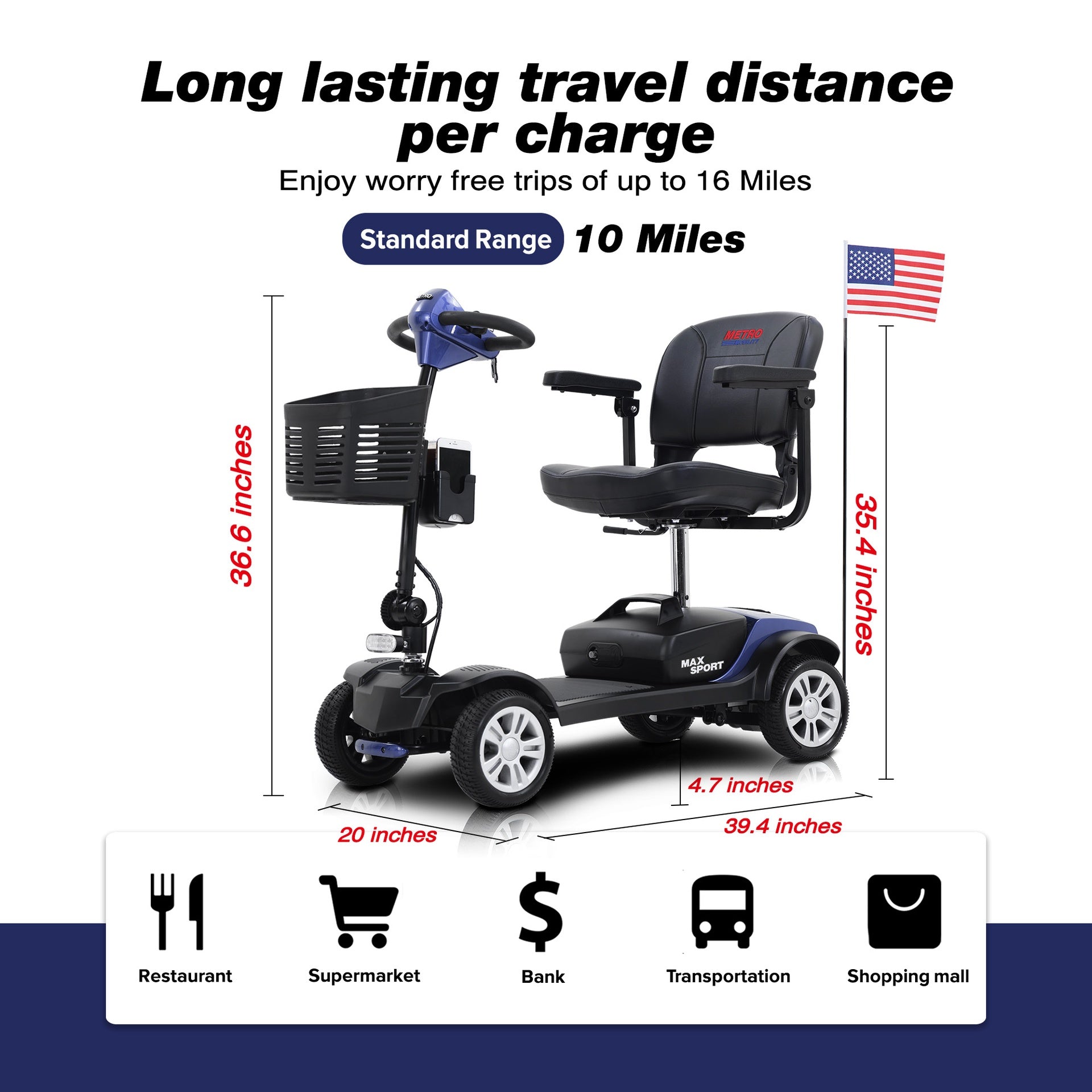 MAX SPORT BLUE 4 Wheels Outdoor Compact Mobility Scooter with 2 in 1 Cup & Phone Holder