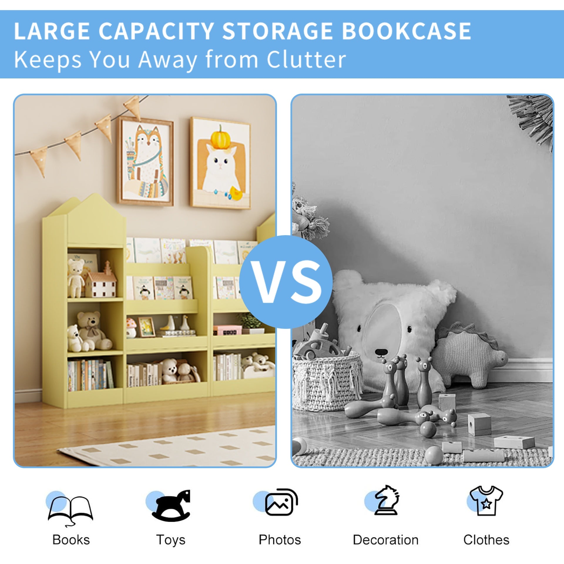 Yellow Kids Wooden Bookshelf Toy Storage Organizer with Bookcase, Kid's Bin Storage Unit with 6 Compartments 2 Baskets Bins Toys Box Organizer, Children Multi Shelf Cubby for Books, Toys Shelf