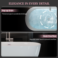 63" Acrylic Freestanding Bathtub, Oval Deep Soaking Bathtub with Center Pop-up Drain & Integrated Overflow, Contemporary Stand Alone Bath Tub for Bathroom Spa or Home Upgrade, Glossy White GF-26A09-63