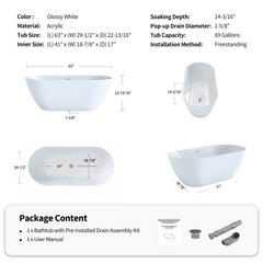 63" Acrylic Freestanding Bathtub, Oval Deep Soaking Bathtub with Center Pop-up Drain & Integrated Overflow, Contemporary Stand Alone Bath Tub for Bathroom Spa or Home Upgrade, Glossy White GF-26A09-63