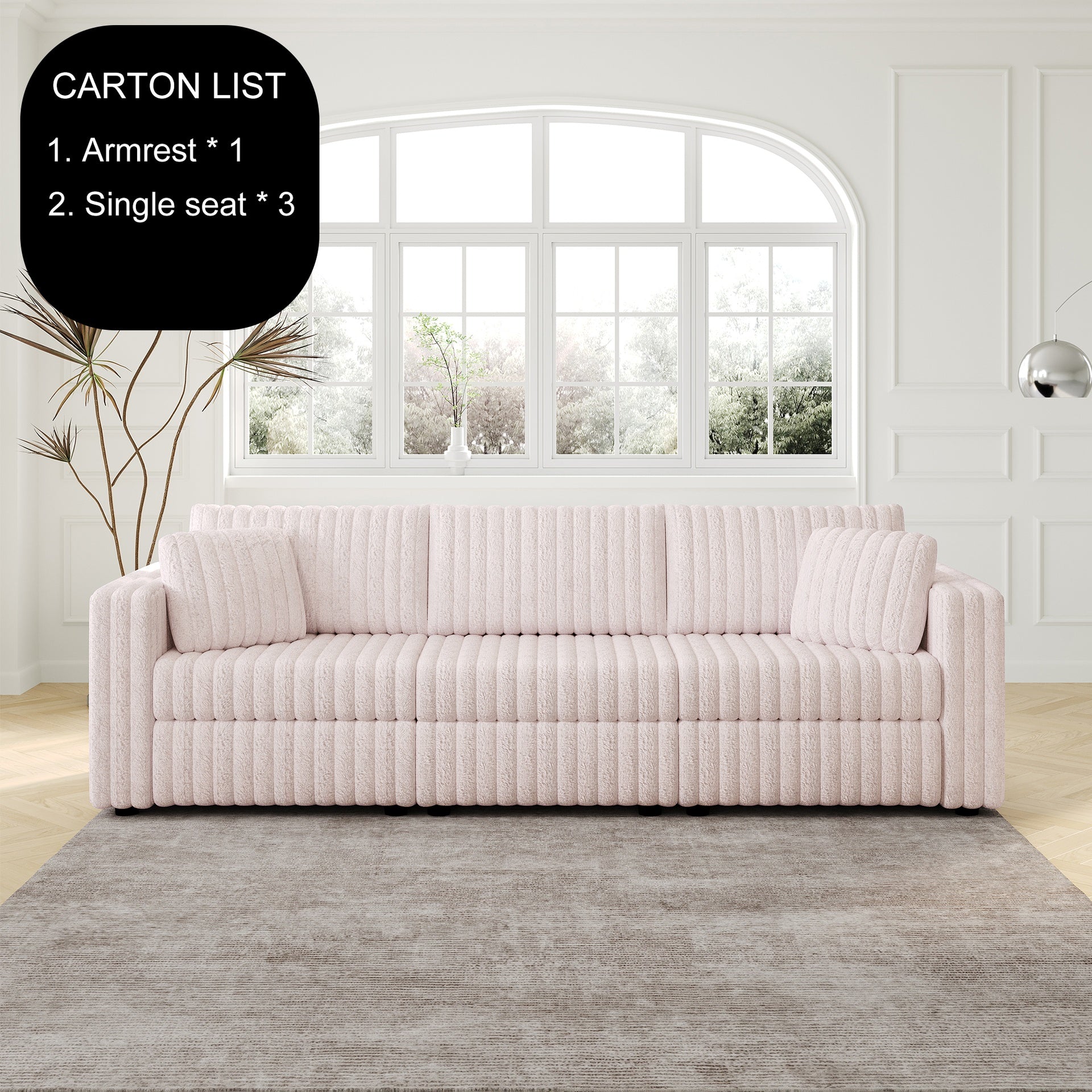 106.3" Soft  Modular 3-person Sofa - Highly Comfortable & Distinctive Design. Ideal for Bedroom & Living Room. Light Pink. Modern & Plush Furniture Choice.