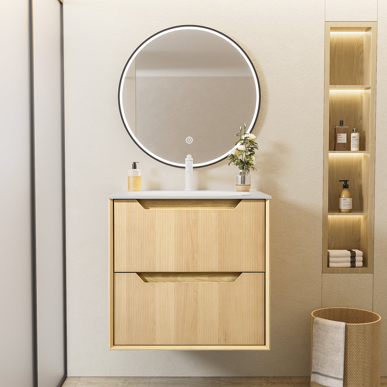 24-Inch Floating Bathroom Vanity with Sink, Pre-assembled, Natural Oak Grid Texture Front, Multi-Layer Solid Wood, Wall-Mounted, White Stone Top, 2 Soft-Close Drawers