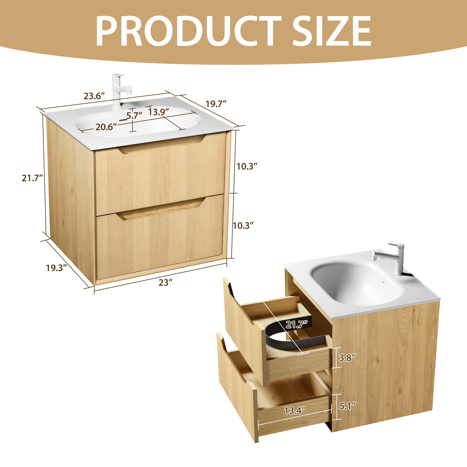 24-Inch Floating Bathroom Vanity with Sink, Pre-assembled, Natural Oak Grid Texture Front, Multi-Layer Solid Wood, Wall-Mounted, White Stone Top, 2 Soft-Close Drawers