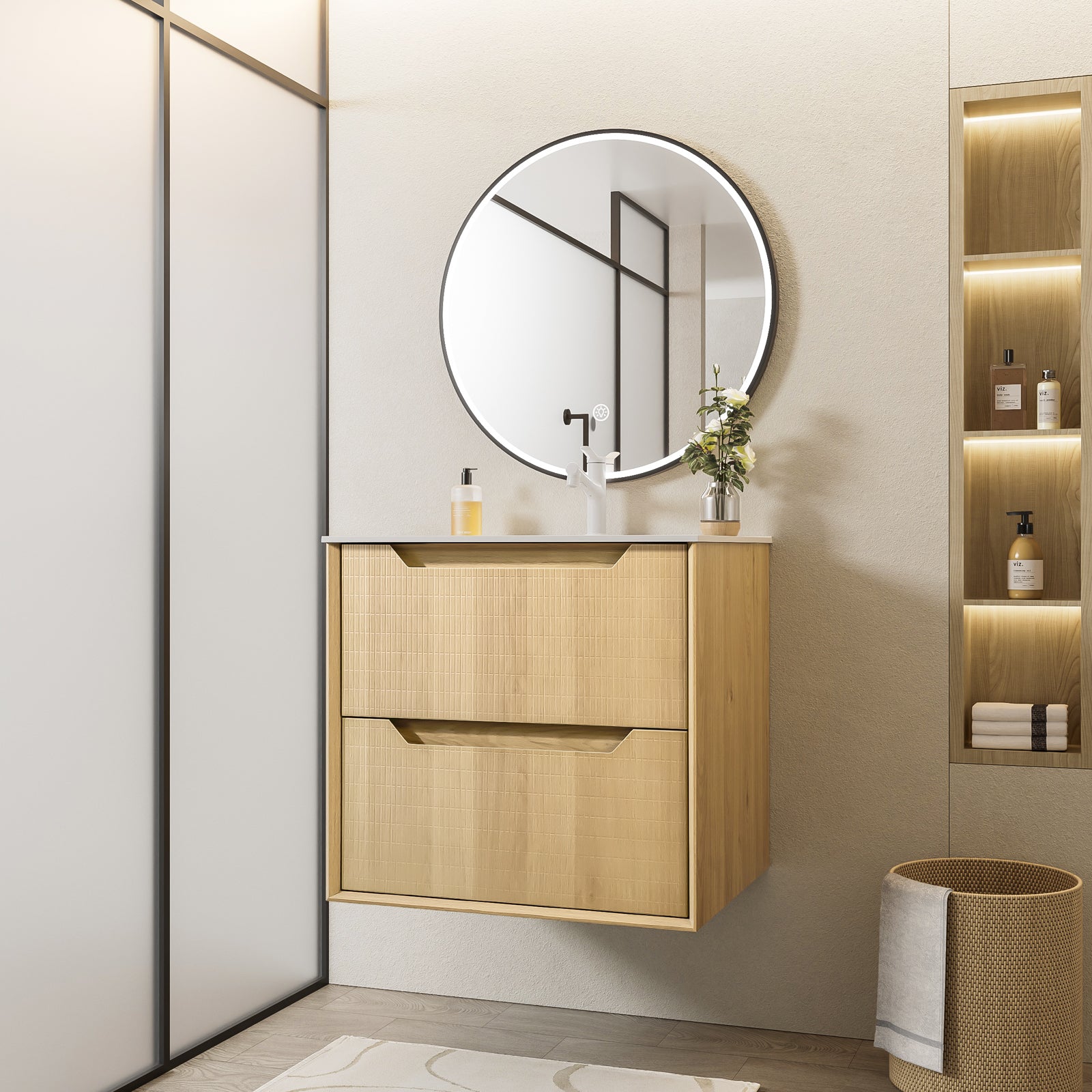 24-Inch Floating Bathroom Vanity with Sink, Pre-assembled, Natural Oak Grid Texture Front, Multi-Layer Solid Wood, Wall-Mounted, White Stone Top, 2 Soft-Close Drawers
