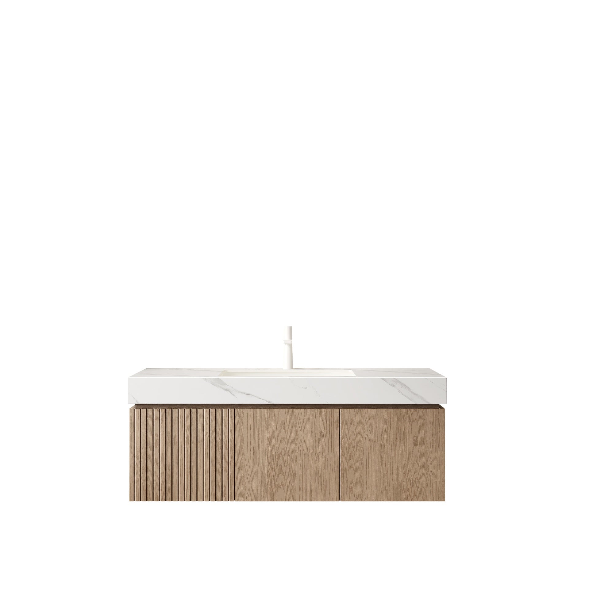 MURI 48" Bathroom Vanity&Sink, Floating Plywood Storage Cabinet with Drawer&Doors, Carrara White Sintered Stone Top&Ceramic Basin with 1 Pre-drilled Faucet Hole, Pre-assembled, Heidelberg Woodgrain