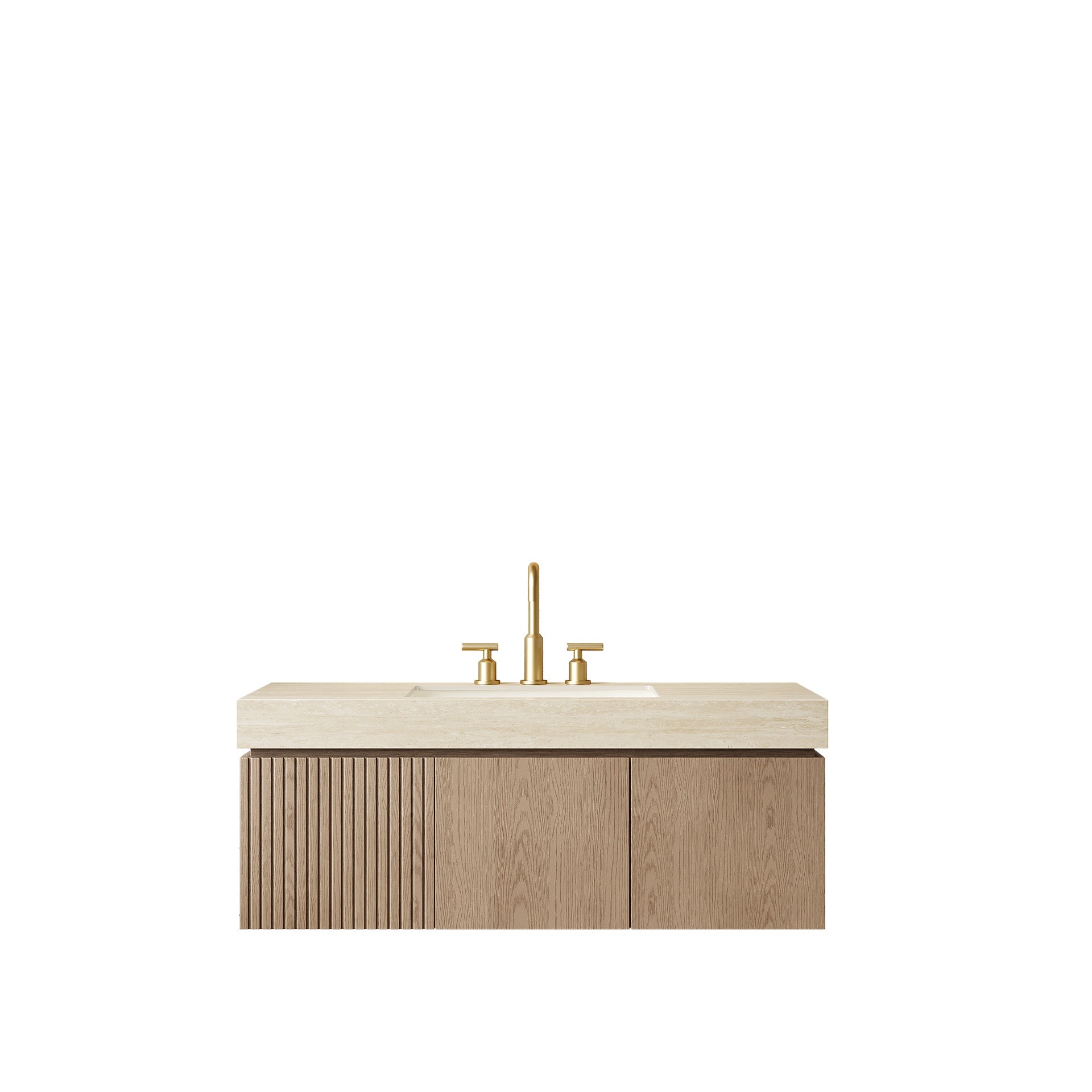 MURI 48" Bathroom Vanity&Sink, Floating Plywood Storage Cabinet with Drawer&Doors, Roma Travertine Sintered Stone Top&Ceramic Basin with 3 Pre-drilled Faucet Holes, Pre-assembled, Heidelberg Woodgrain
