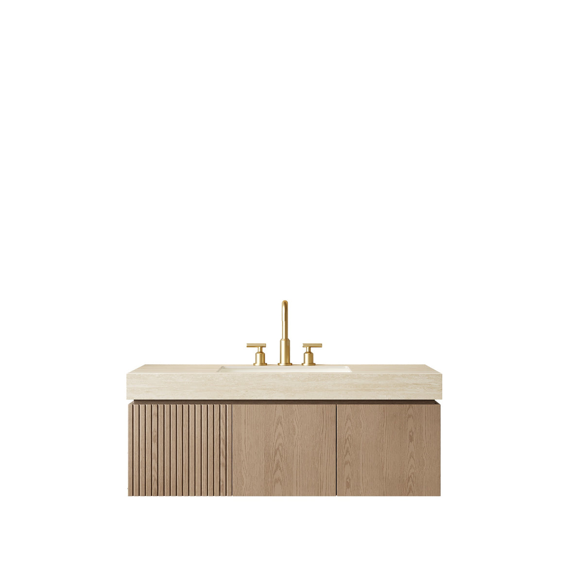MURI 48" Bathroom Vanity&Sink, Floating Plywood Storage Cabinet with Drawer&Doors, Roma Travertine Sintered Stone Top&Ceramic Basin with 3 Pre-drilled Faucet Holes, Pre-assembled, Heidelberg Woodgrain