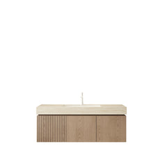 MURI 48" Bathroom Vanity&Sink, Floating Plywood Storage Cabinet with Drawer&Doors, Roma Travertine Sintered Stone Top&Ceramic Basin with 1 Pre-drilled Faucet Hole, Pre-assembled, Heidelberg Woodgrain
