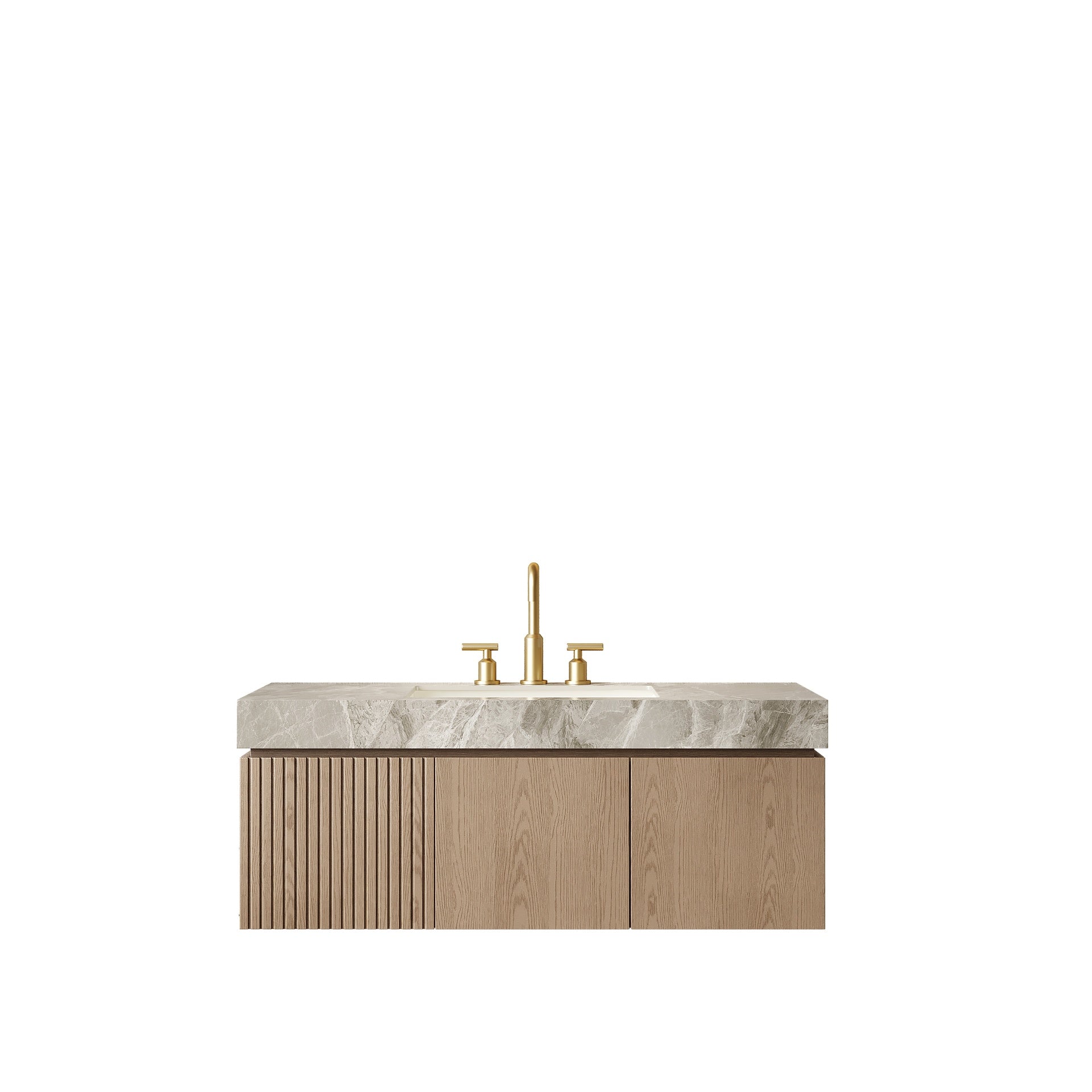 MURI 48" Bathroom Vanity&Sink, Floating Plywood Storage Cabinet with Drawer&Doors, Light Gray Sintered Stone Top&Ceramic Basin with 3 Pre-drilled Faucet Holes, Pre-assembled, Heidelberg Woodgrain
