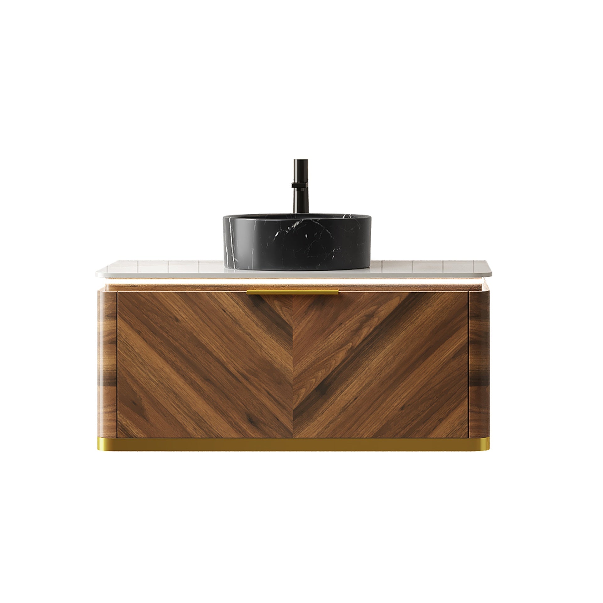 DIPA 36" Bathroom Vanity&Sink, Floating Plywood Storage Cabinet with Sensor Light, Drawer, Stone Pattern Black Round Ceramic Vessel Basin&Sintered Stone Top, Pre-assembled, Dark Walnut Woodgrain Color