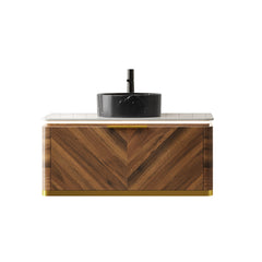 DIPA 36" Bathroom Vanity&Sink, Floating Plywood Storage Cabinet with Sensor Light, Drawer, Stone Pattern Black Round Ceramic Vessel Basin&Sintered Stone Top, Pre-assembled, Dark Walnut Woodgrain Color