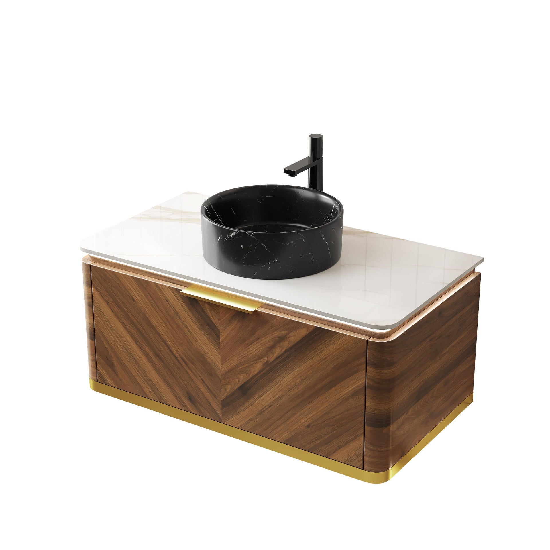 DIPA 36" Bathroom Vanity&Sink, Floating Plywood Storage Cabinet with Sensor Light, Drawer, Stone Pattern Black Round Ceramic Vessel Basin&Sintered Stone Top, Pre-assembled, Dark Walnut Woodgrain Color