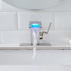 Bathroom Sink Faucet LED Light 3 Colors Changing Waterfall Glass Spout Hot Cold Water Mixer Single Handle One Hole Deck Mounted Bathroom Faucet