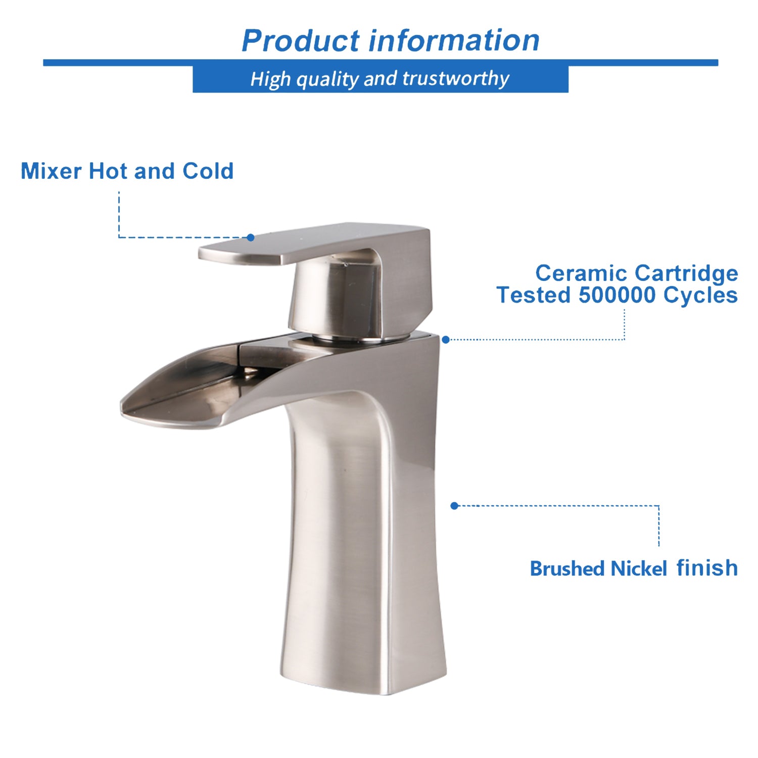 ADA Waterfall Bathroom Faucet - Single Handle Brass Faucet with Drain, 1-Hole Brushed Nickel