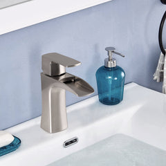 ADA Waterfall Bathroom Faucet - Single Handle Brass Faucet with Drain, 1-Hole Brushed Nickel