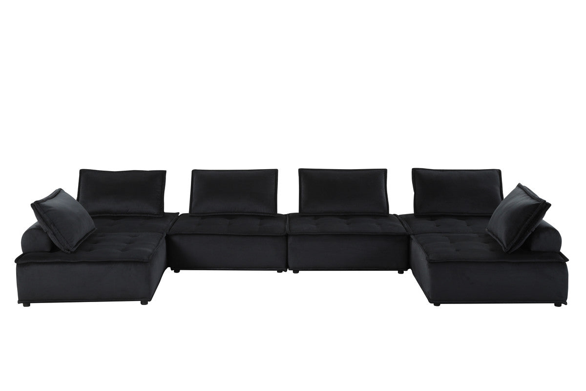 Aveline 160"W Black Velvet 6-Seater U-Shape Modular Sectional Sofa