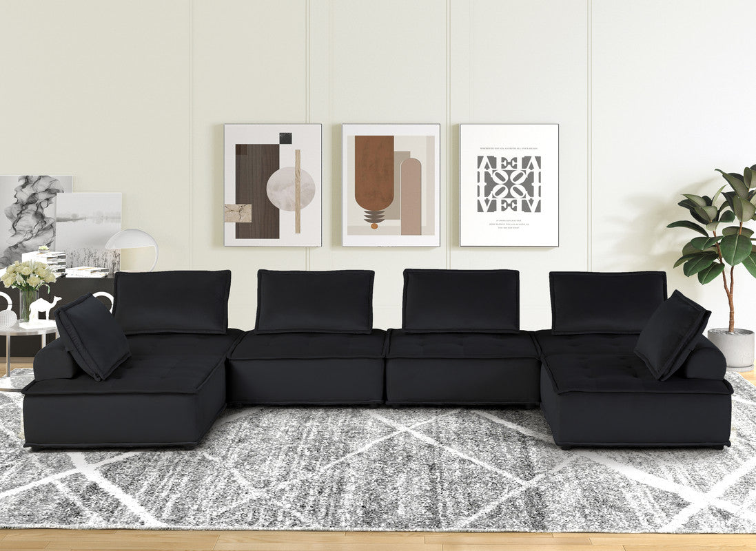 Aveline 160"W Black Velvet 6-Seater U-Shape Modular Sectional Sofa