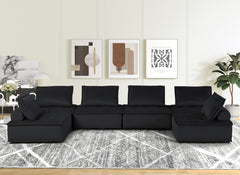 Aveline 160"W Black Velvet 6-Seater U-Shape Modular Sectional Sofa