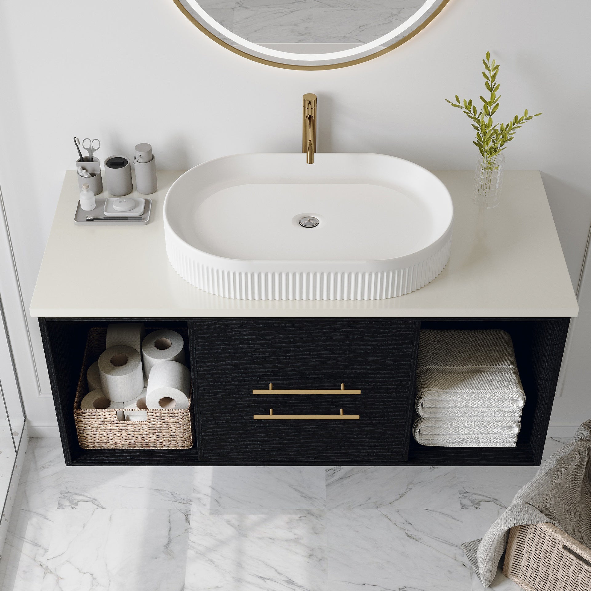 Modern 40-In Wall-Mounted Bathroom Vanity with Oval Ceramic Sink Floating Vanity Multi-Layer Solid Wood Cabinet Soft-Close Drawers Open Shelf Storage