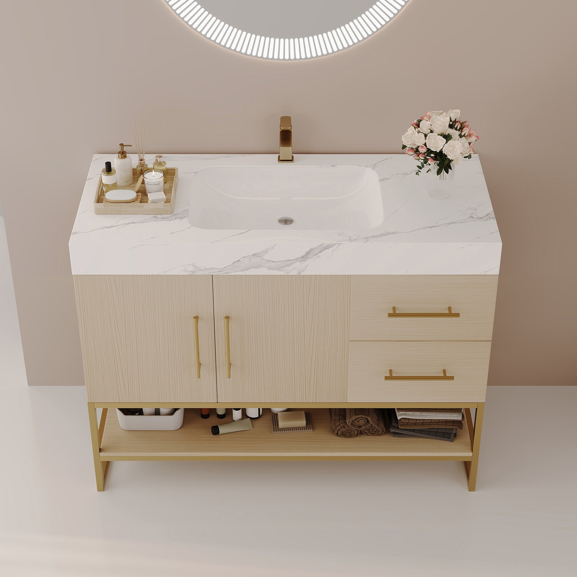 36" Modern Bathroom Vanity with Seamless Ceramic Sink & Gold Accent Free Standing Cabinet