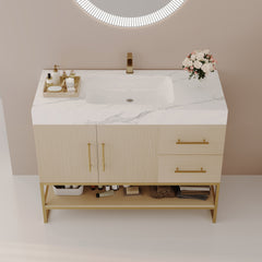 36" Modern Bathroom Vanity with Seamless Ceramic Sink & Gold Accent Free Standing Cabinet