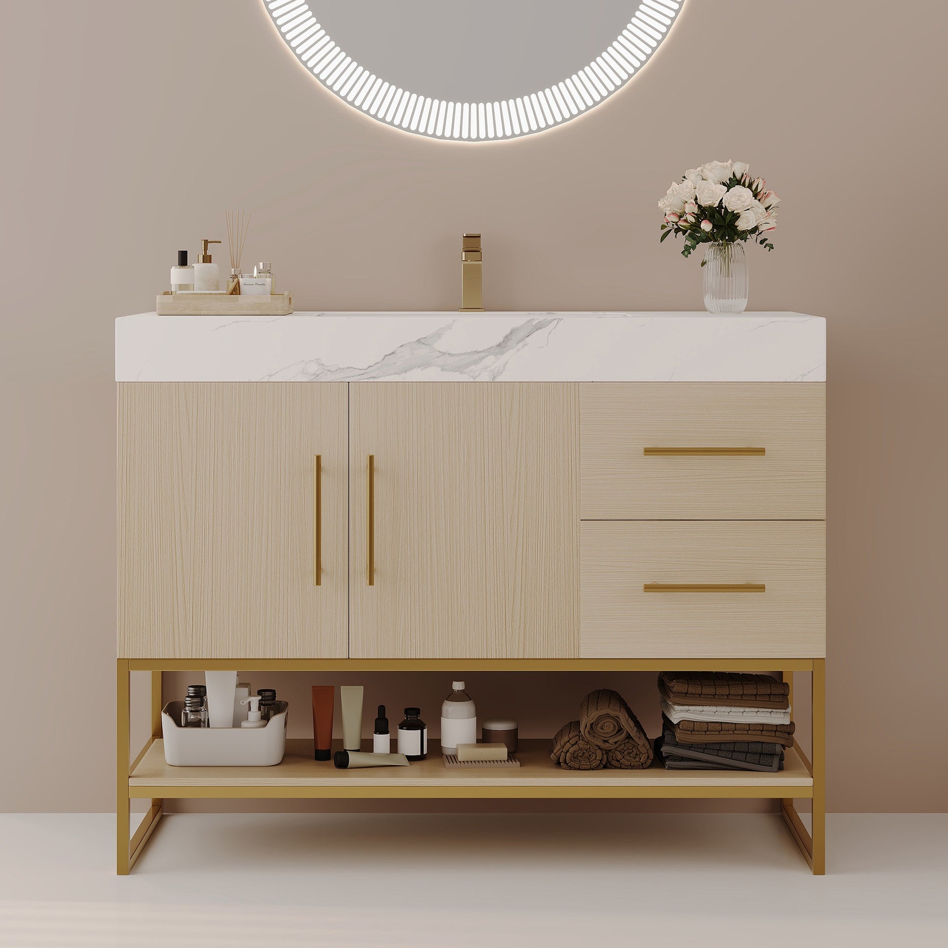 36" Modern Bathroom Vanity with Seamless Ceramic Sink & Gold Accent Free Standing Cabinet