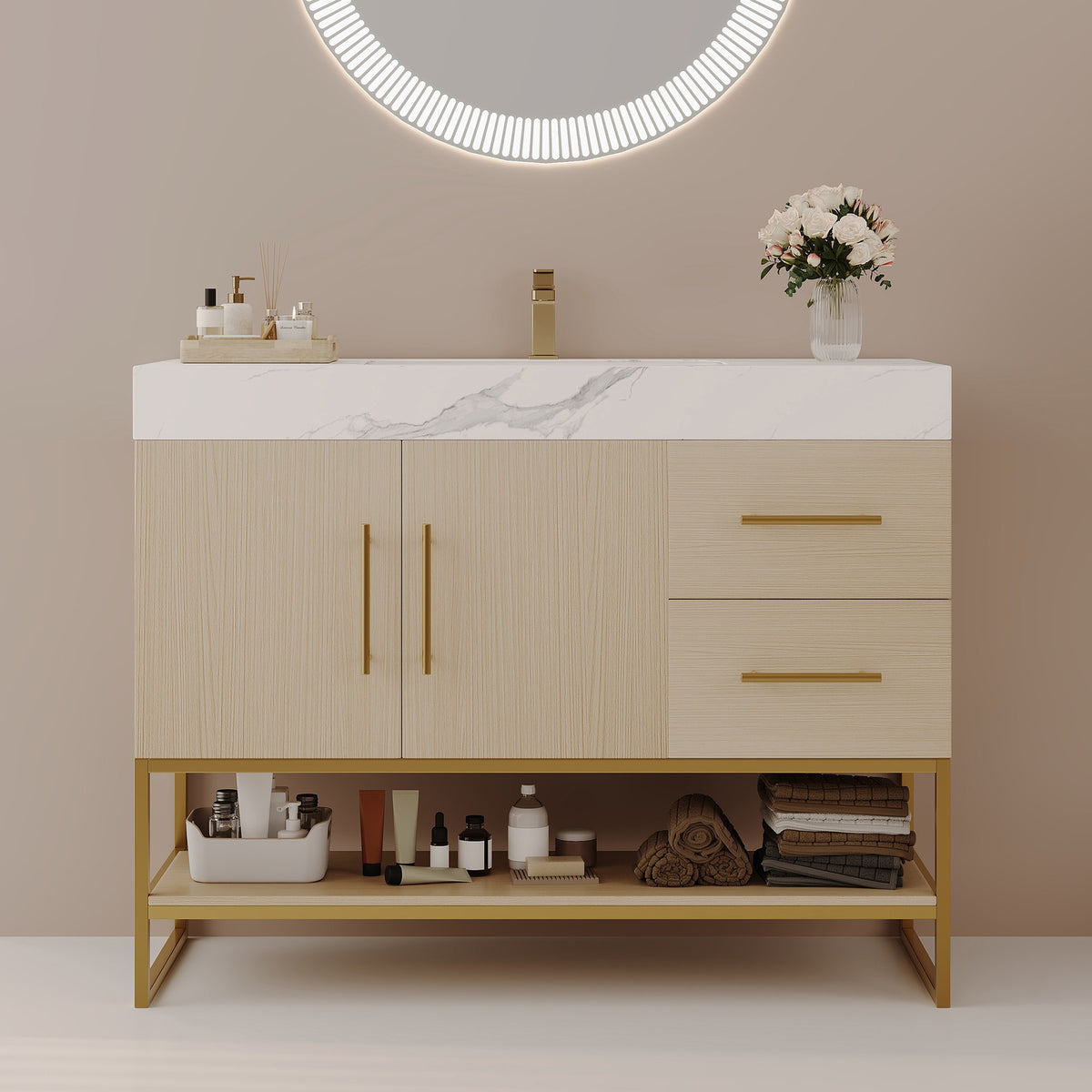 36" Modern Bathroom Vanity with Seamless Ceramic Sink & Gold Accent Free Standing Cabinet